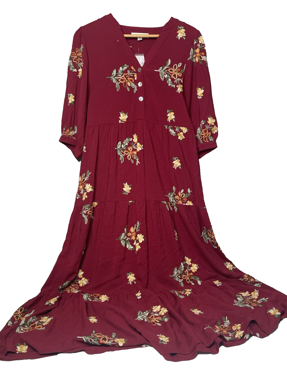 Cactus + Pearl Women’s M Wine Floral Embroidered Tiered Maxi Dress Boho NWT